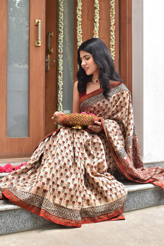 Teejh Vaidehi Beige Block Print Chanderi Cotton Saree With Blouse Piece
