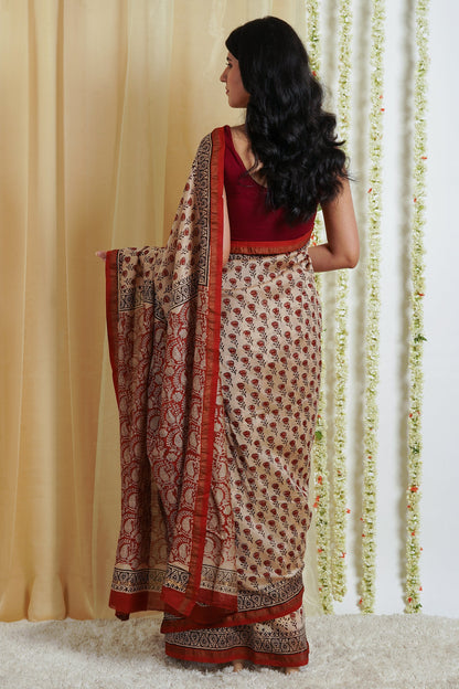Teejh Vaidehi Beige Block Print Chanderi Cotton Saree With Blouse Piece
