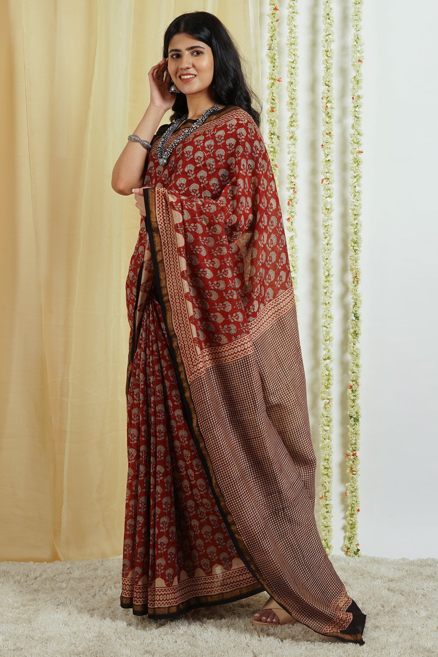 Teejh Rustic Maroon Block Print Chanderi Cotton Saree With Blouse Piece