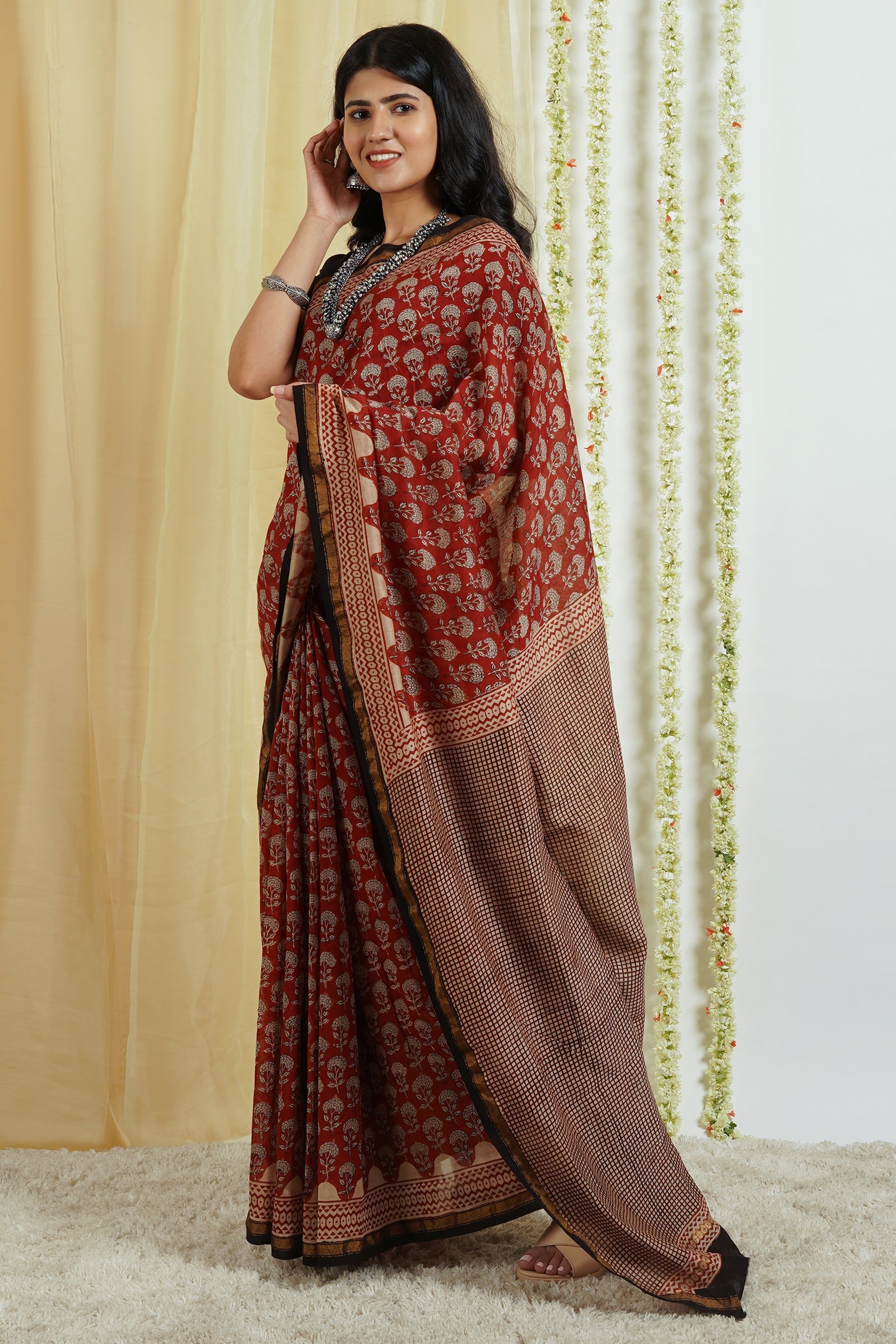 Teejh Rustic Maroon Block Print Chanderi Cotton Saree With Blouse Piece