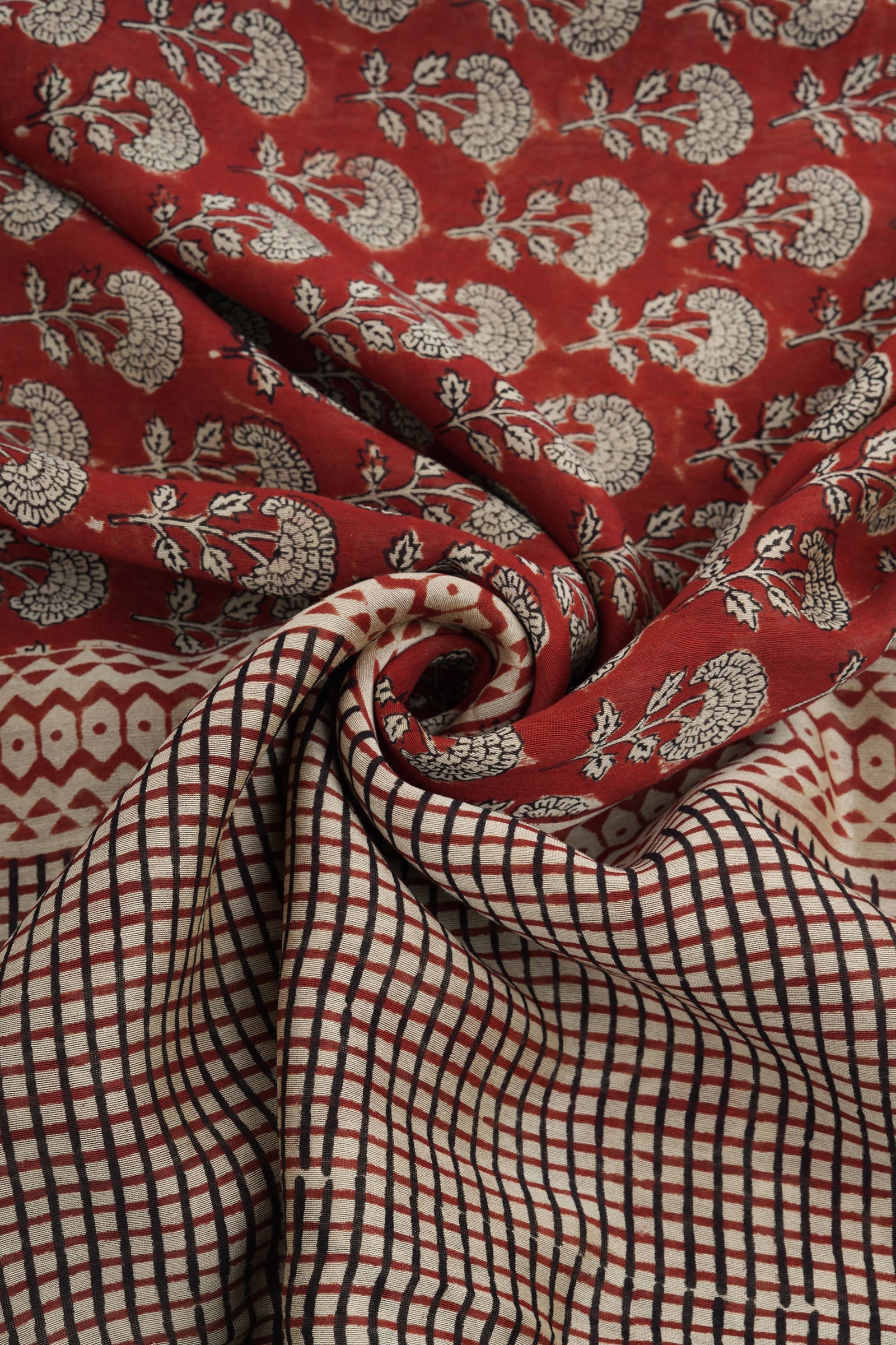 Teejh Rustic Maroon Block Print Chanderi Cotton Saree With Blouse Piece