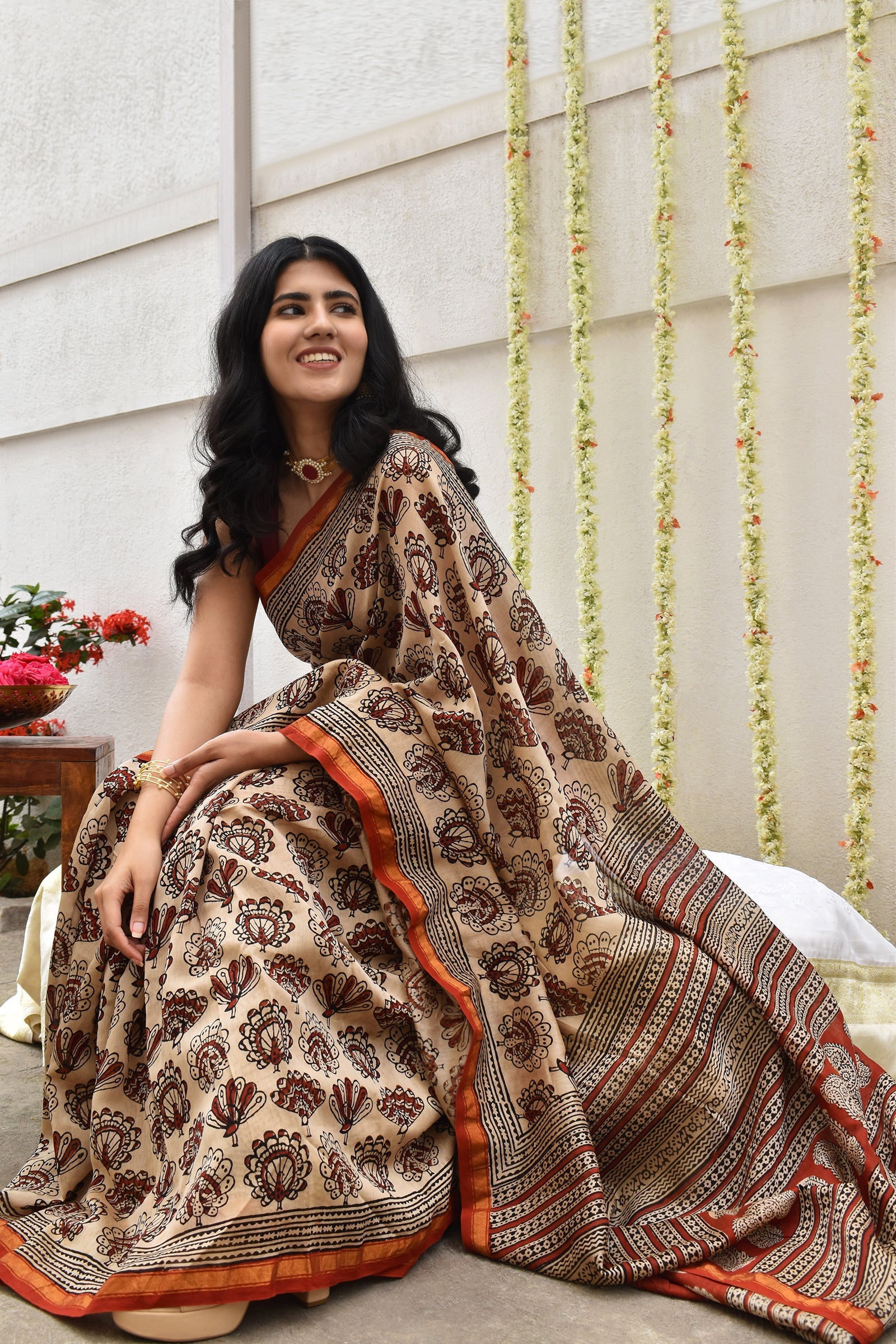 Teejh Spiced Beige Block Print Chanderi Cotton Saree With Blouse Piece