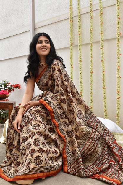 Teejh Spiced Beige Block Print Chanderi Cotton Saree With Blouse Piece