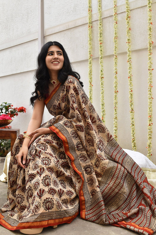 Teejh Spiced Beige Block Print Chanderi Cotton Saree With Blouse Piece