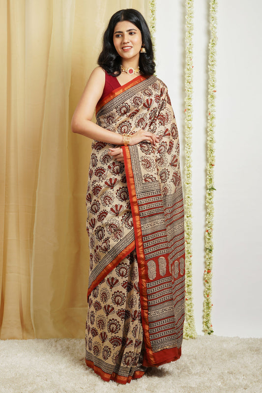 Teejh Spiced Beige Block Print Chanderi Cotton Saree With Blouse Piece