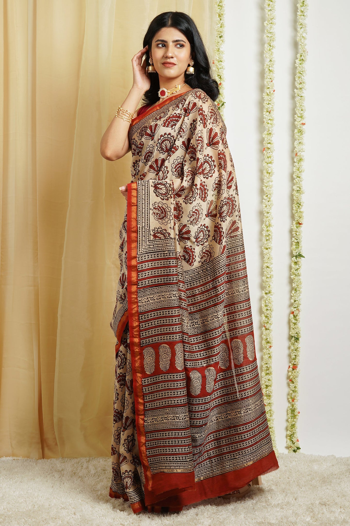 Teejh Spiced Beige Block Print Chanderi Cotton Saree With Blouse Piece