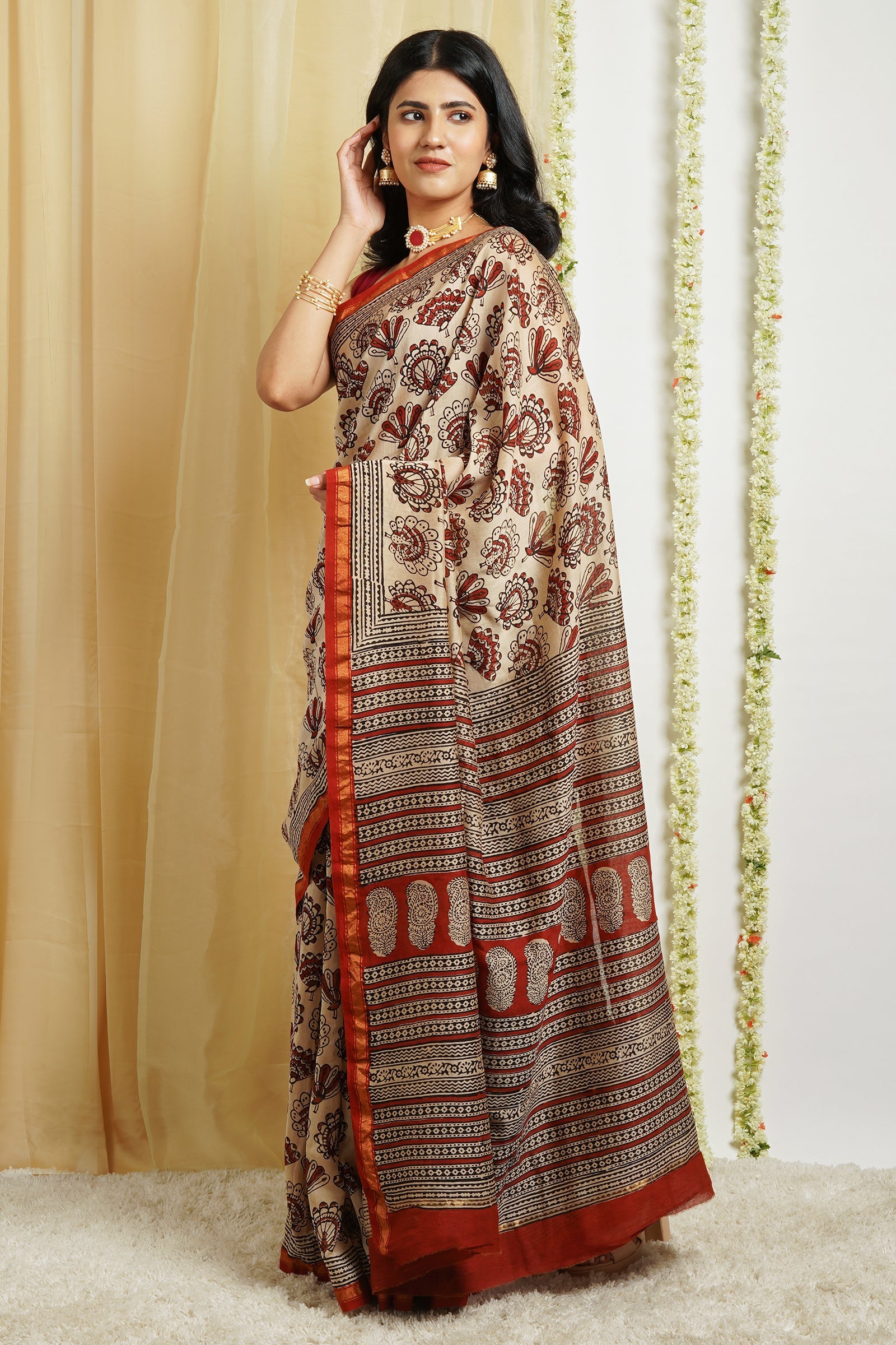 Teejh Spiced Beige Block Print Chanderi Cotton Saree With Blouse Piece