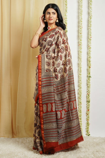 Teejh Spiced Beige Block Print Chanderi Cotton Saree With Blouse Piece