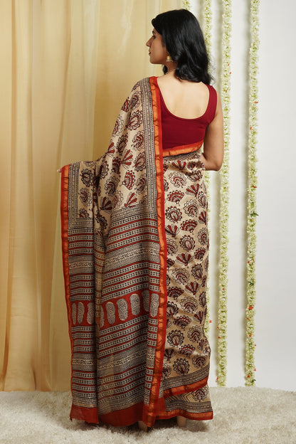 Teejh Spiced Beige Block Print Chanderi Cotton Saree With Blouse Piece