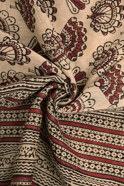 Teejh Spiced Beige Block Print Chanderi Cotton Saree With Blouse Piece