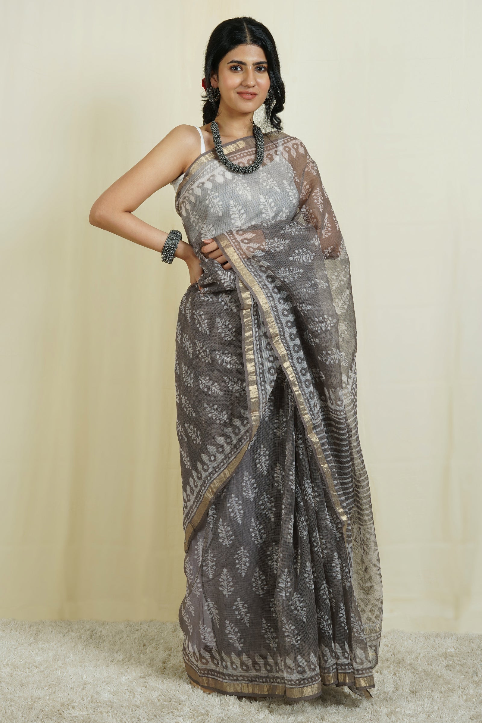 Teejh Sletee Grey Block Print Kota Saree with Blouse Piece