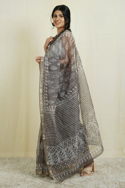 Teejh Sletee Grey Block Print Kota Saree with Blouse Piece