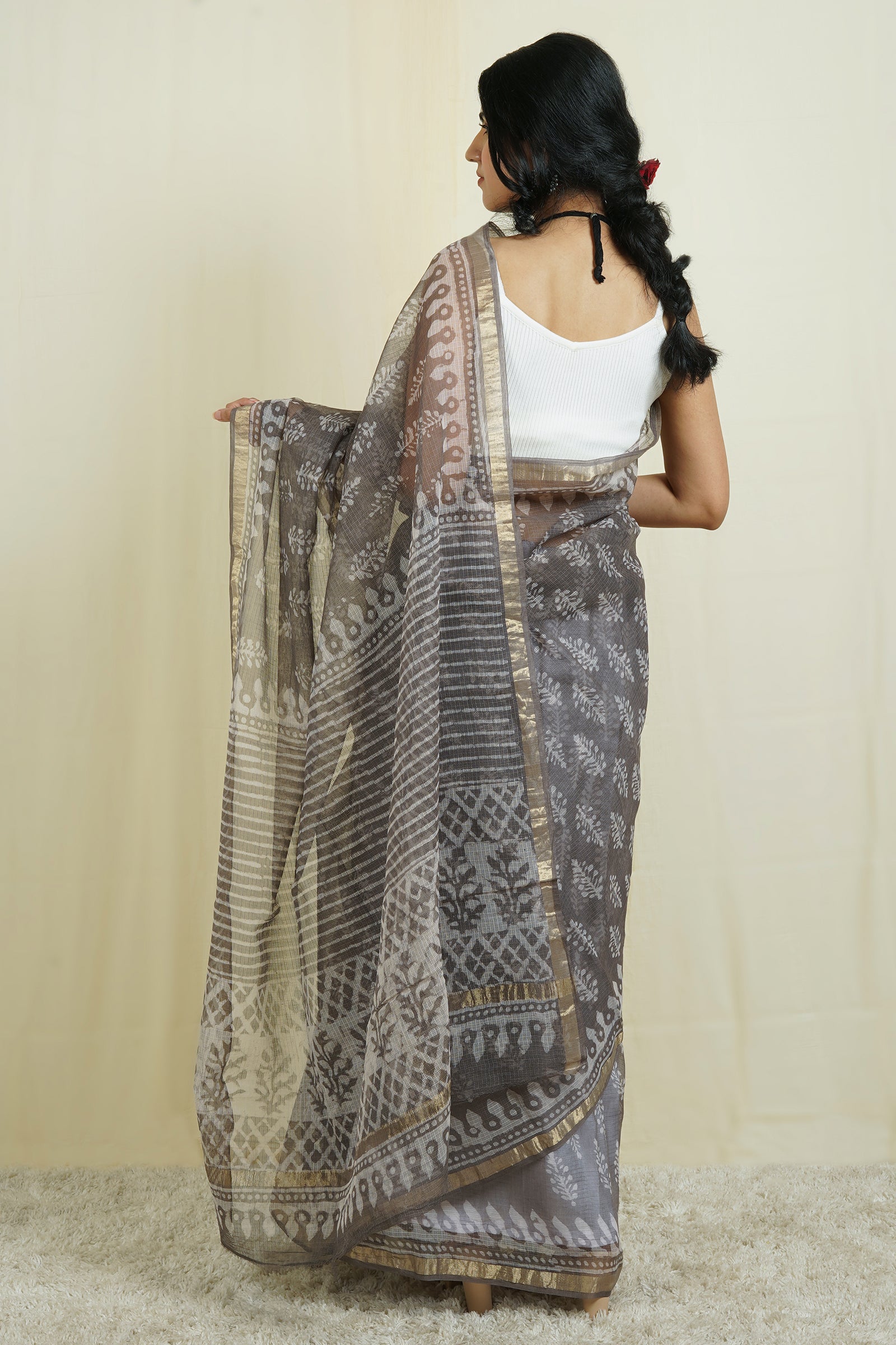 Teejh Sletee Grey Block Print Kota Saree with Blouse Piece