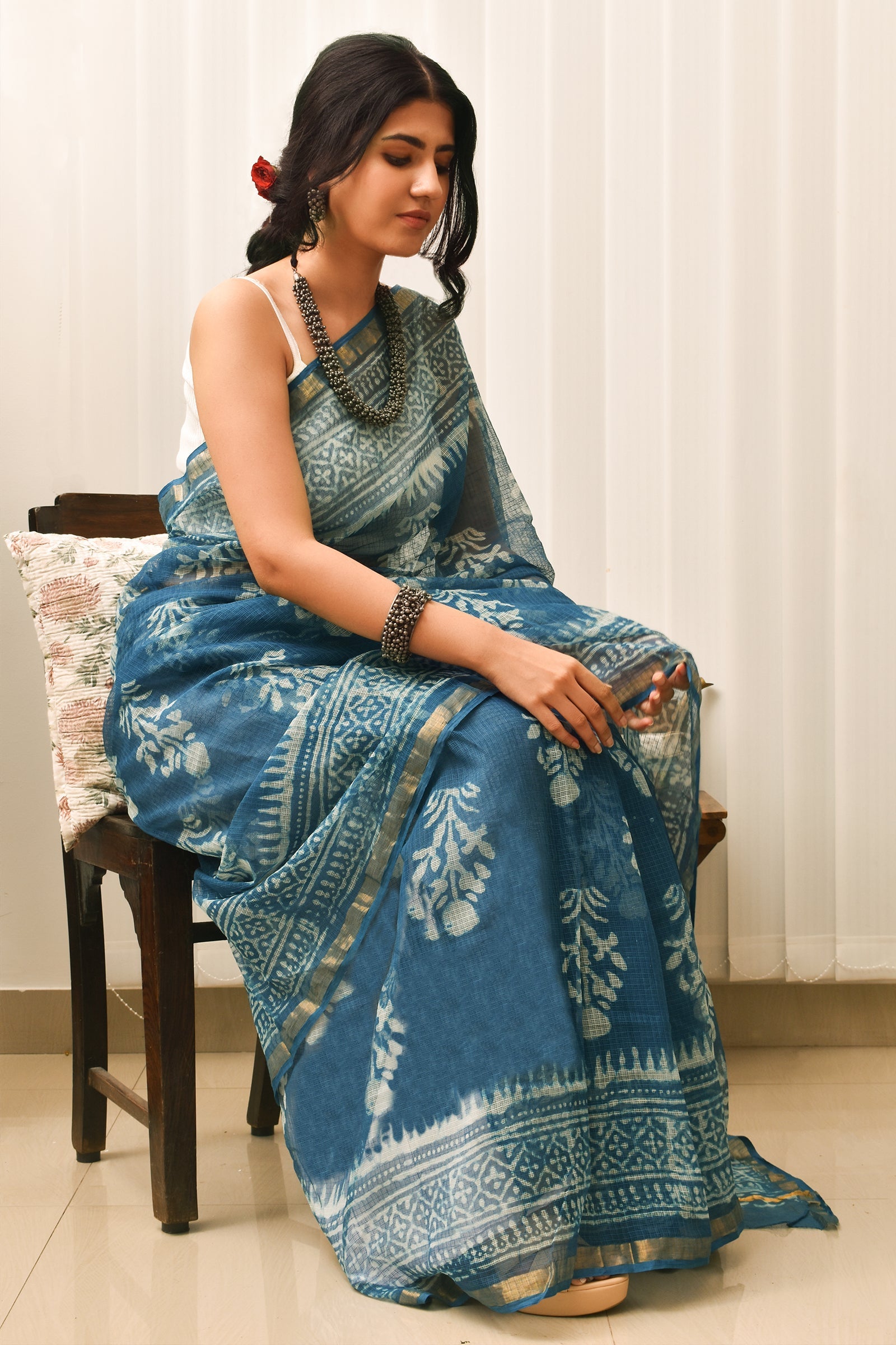 Teejh Tranquil Waves Blue Block Print Kota Saree with Blouse Piece