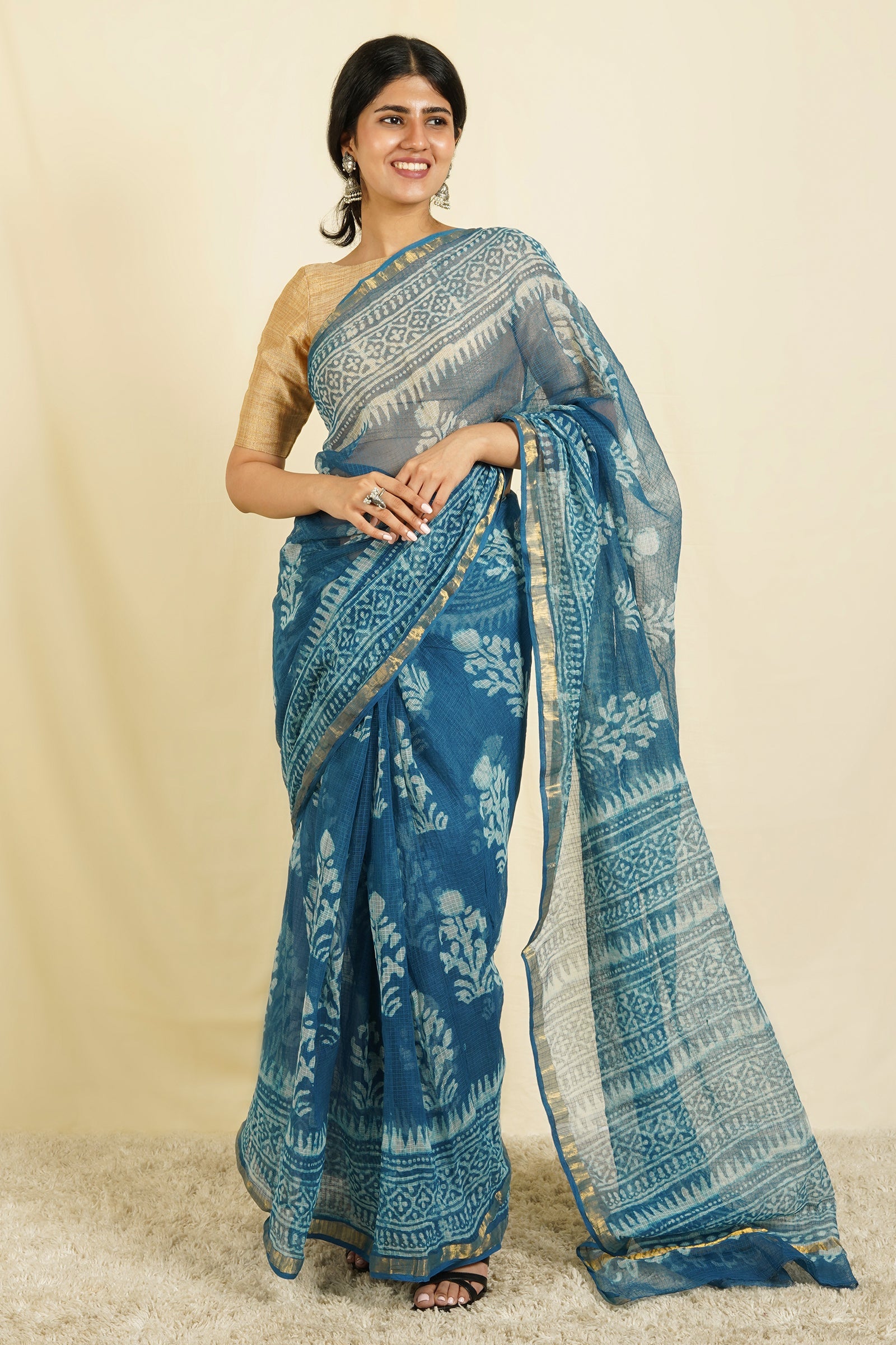 Teejh Tranquil Waves Blue Block Print Kota Saree with Blouse Piece