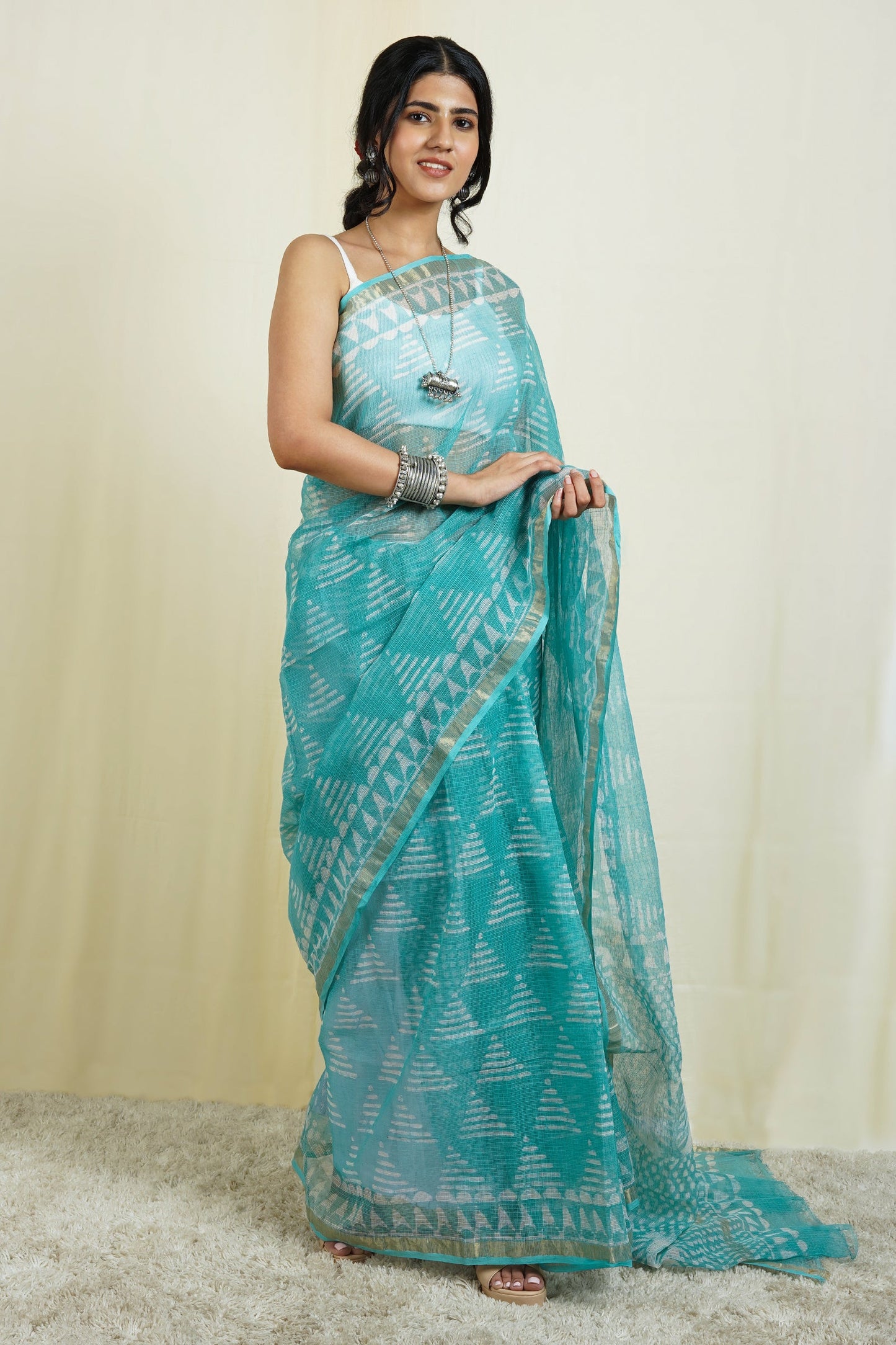 Teejh Misty Blue Block Print Kota Saree with Blouse Piece