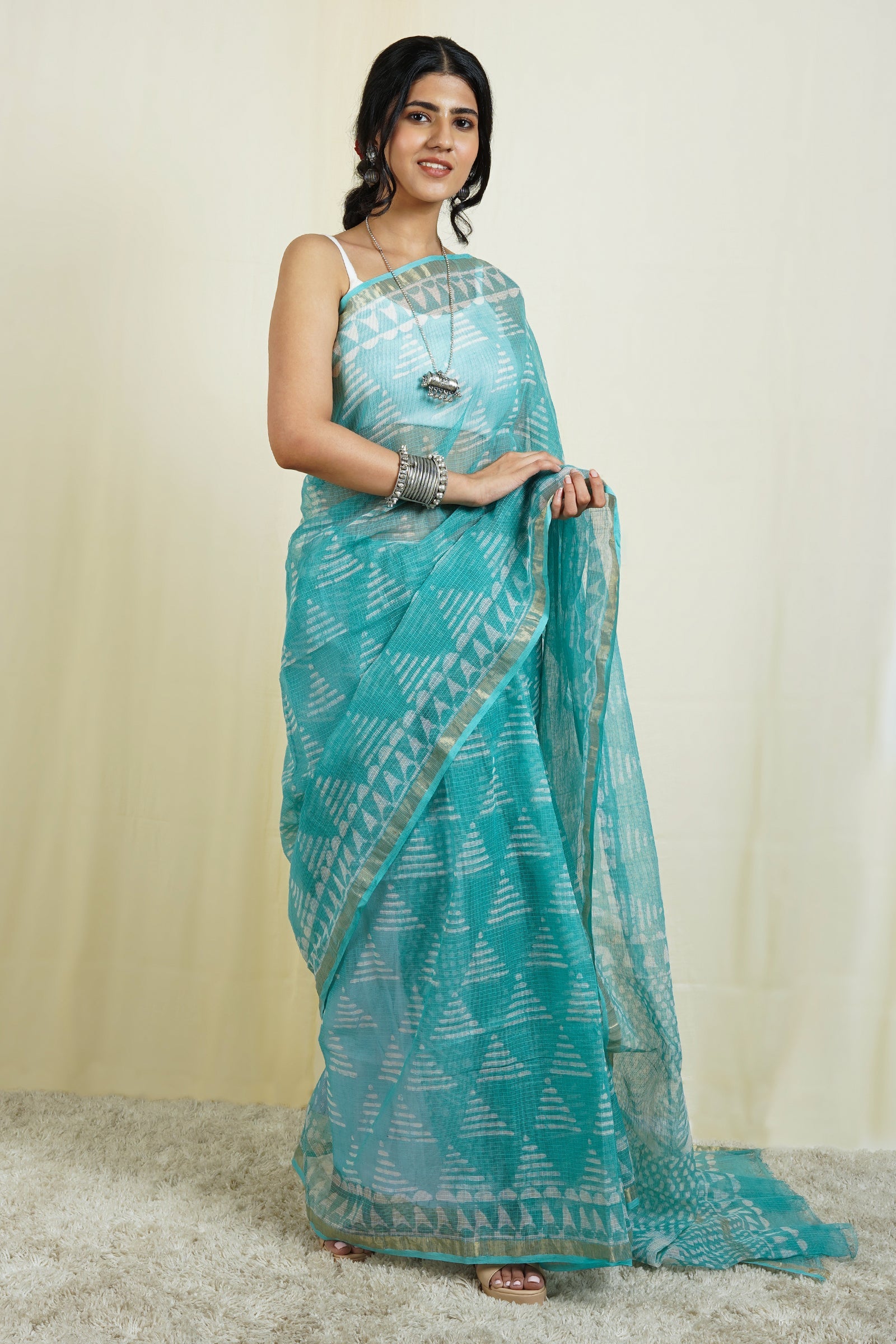 Teejh Misty Blue Block Print Kota Saree with Blouse Piece