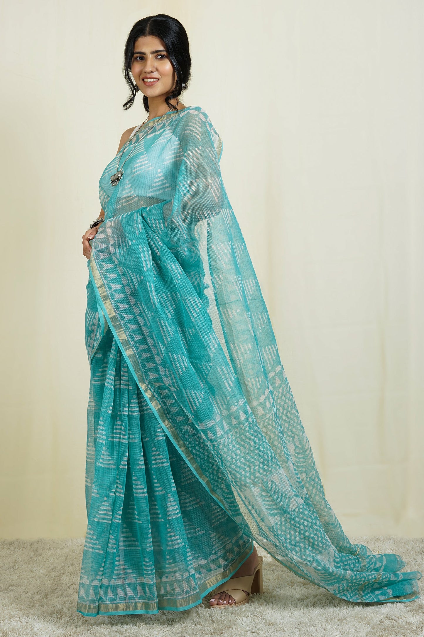 Teejh Misty Blue Block Print Kota Saree with Blouse Piece