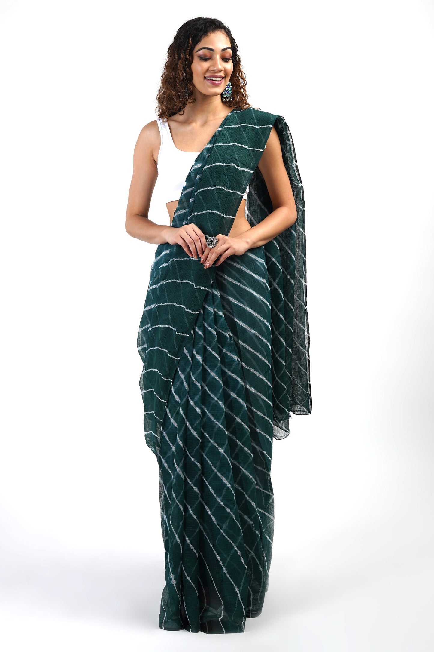 Teejh Aadia Dark Green Kota Leheriya Saree with Blouse Piece