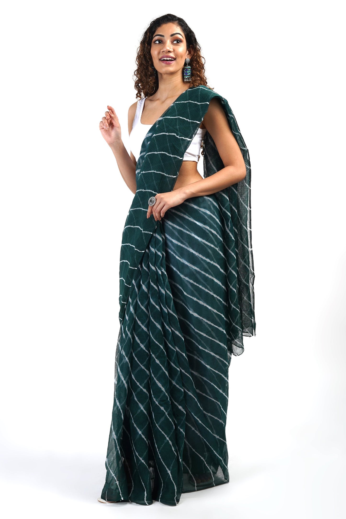 Teejh Aadia Dark Green Kota Leheriya Saree with Blouse Piece