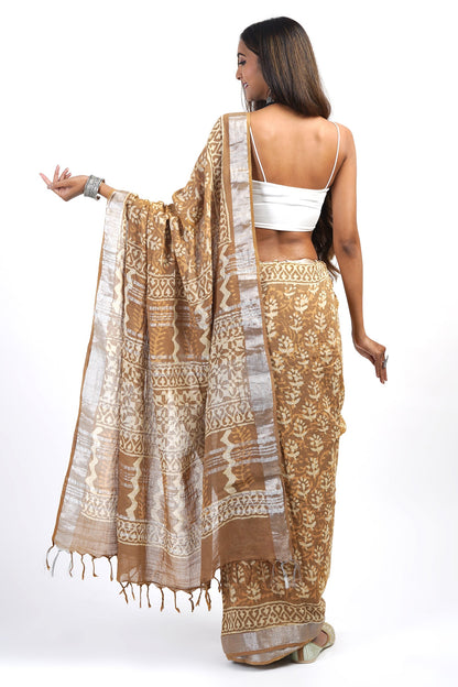Teejh Prisha Mustard Linen Saree with Blouse Piece.
