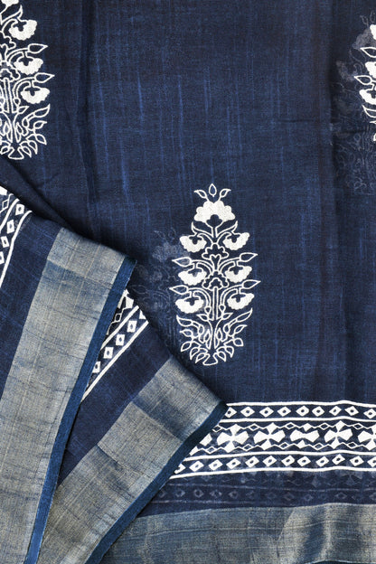 Teejh Imara Dark Blue Block Print Linen Saree With Blouse Piece