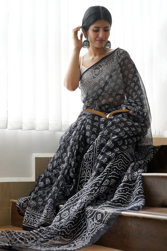 Teejh Aesha Black and White Block Print Kota Saree With Blouse Piece