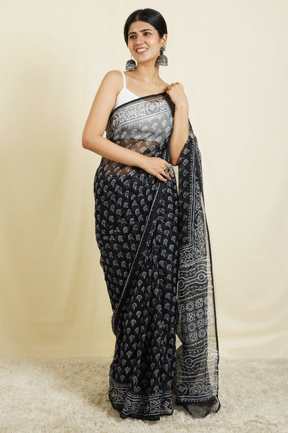 Teejh Aesha Black and White Block Print Kota Saree With Blouse Piece