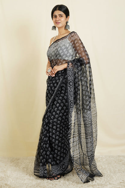 Teejh Aesha Black and White Block Print Kota Saree With Blouse Piece