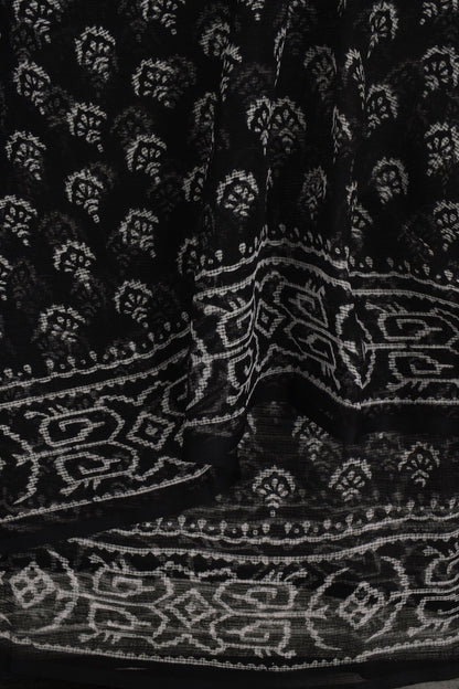 Teejh Aesha Black and White Block Print Kota Saree With Blouse Piece