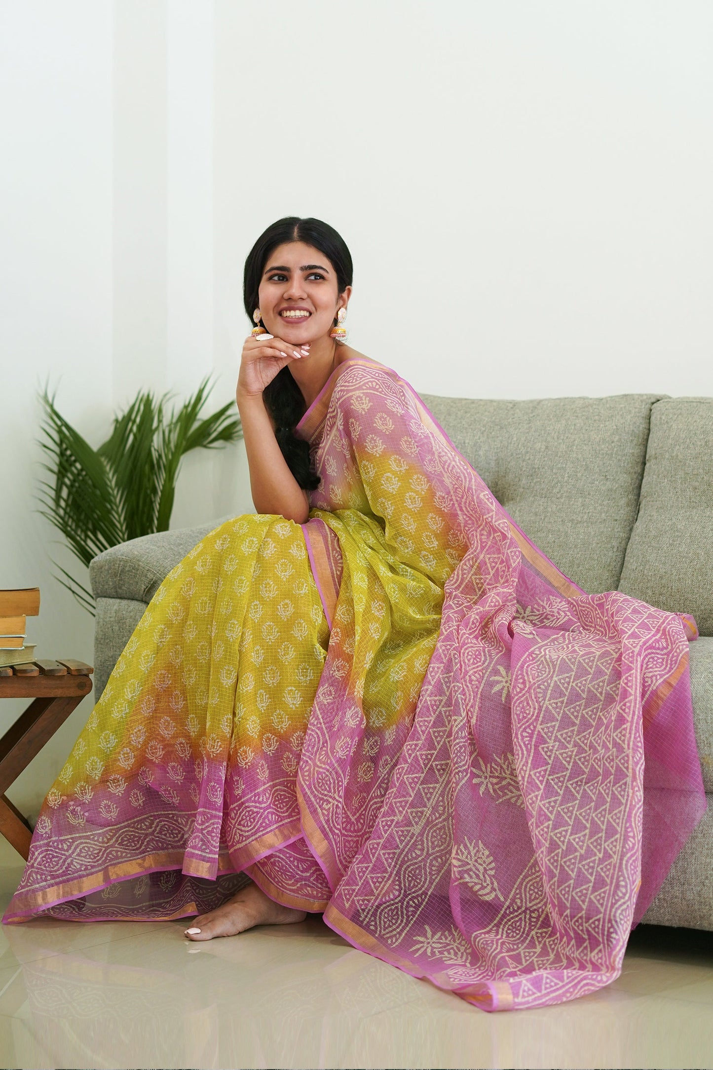 Teejh Aashika Pink and Lime Yellow Block Print Kota Saree With Blouse Piece