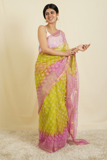 Teejh Aashika Pink and Lime Yellow Block Print Kota Saree With Blouse Piece