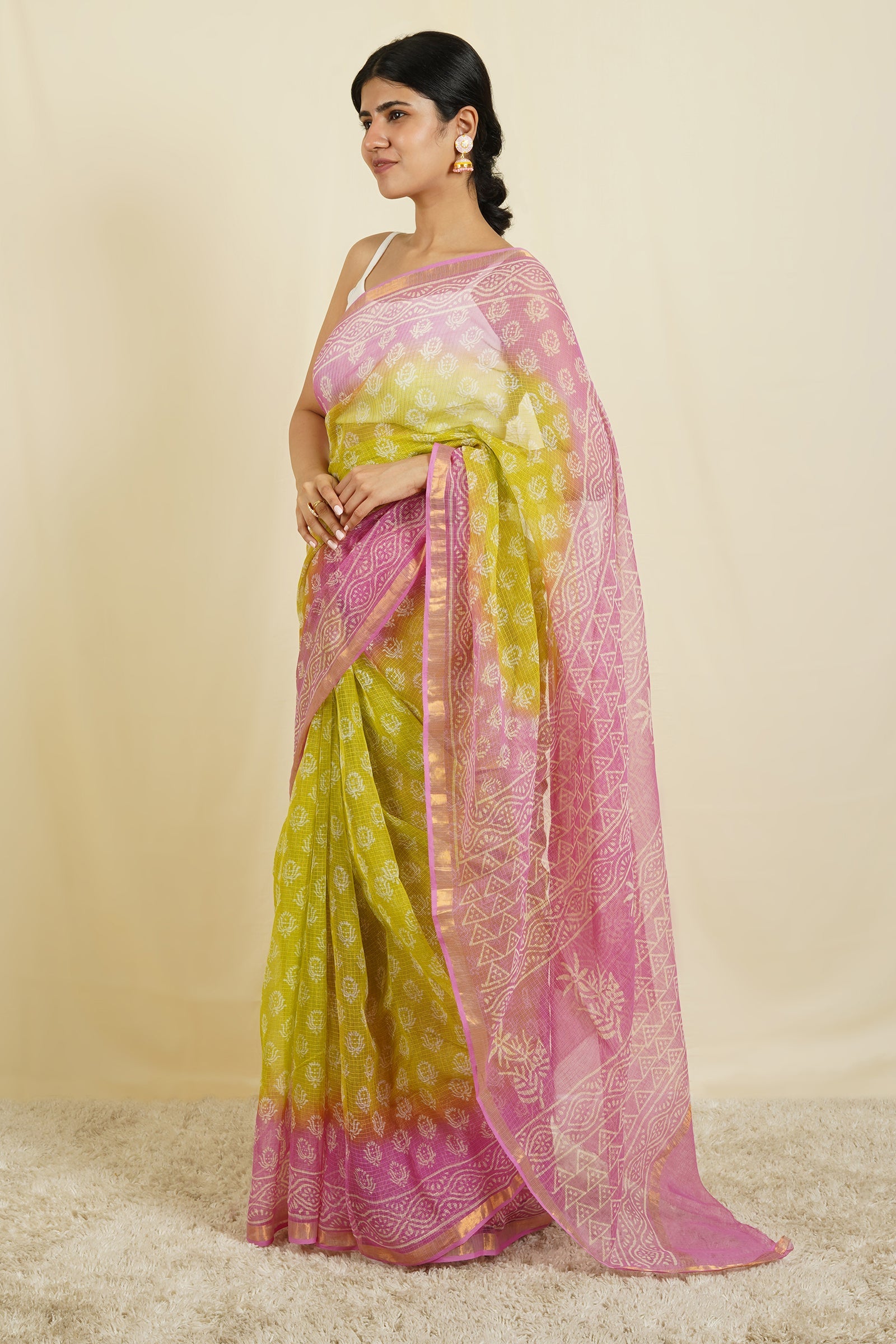 Teejh Aashika Pink and Lime Yellow Block Print Kota Saree With Blouse Piece