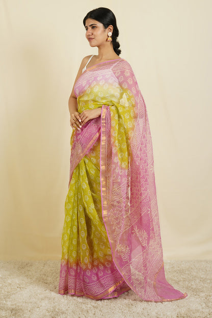 Teejh Aashika Pink and Lime Yellow Block Print Kota Saree With Blouse Piece