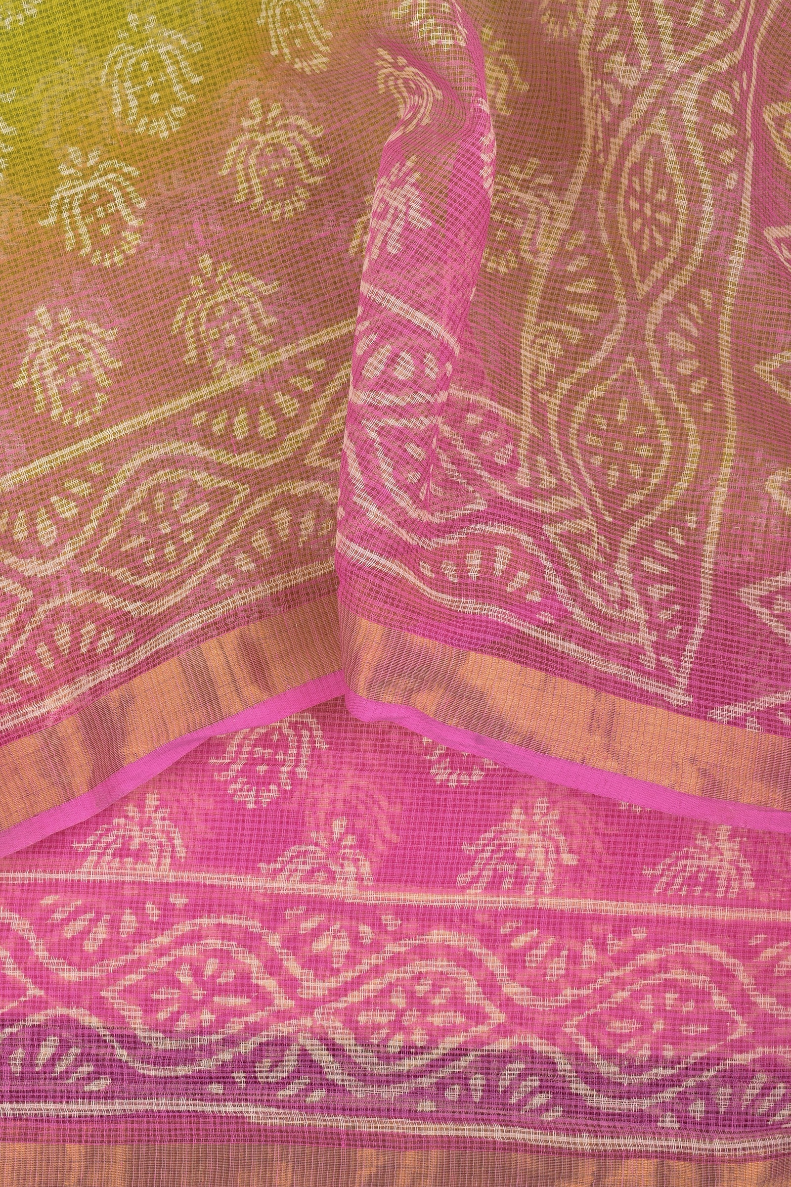 Teejh Aashika Pink and Lime Yellow Block Print Kota Saree With Blouse Piece