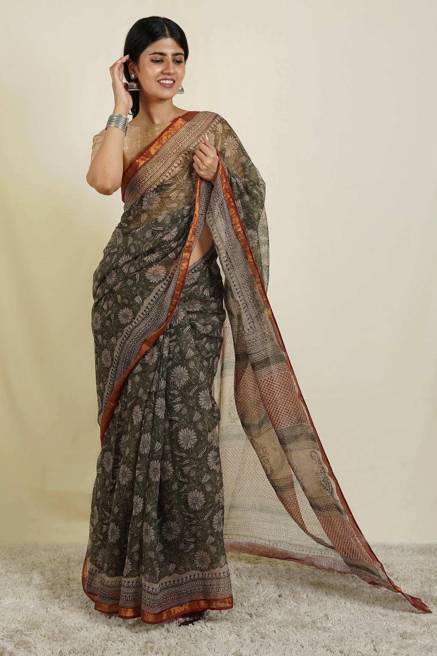 Teejh Bhumi Olive Green Block Print Kota Saree With Blouse Piece