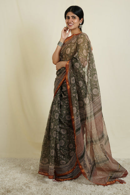 Teejh Bhumi Olive Green Block Print Kota Saree With Blouse Piece