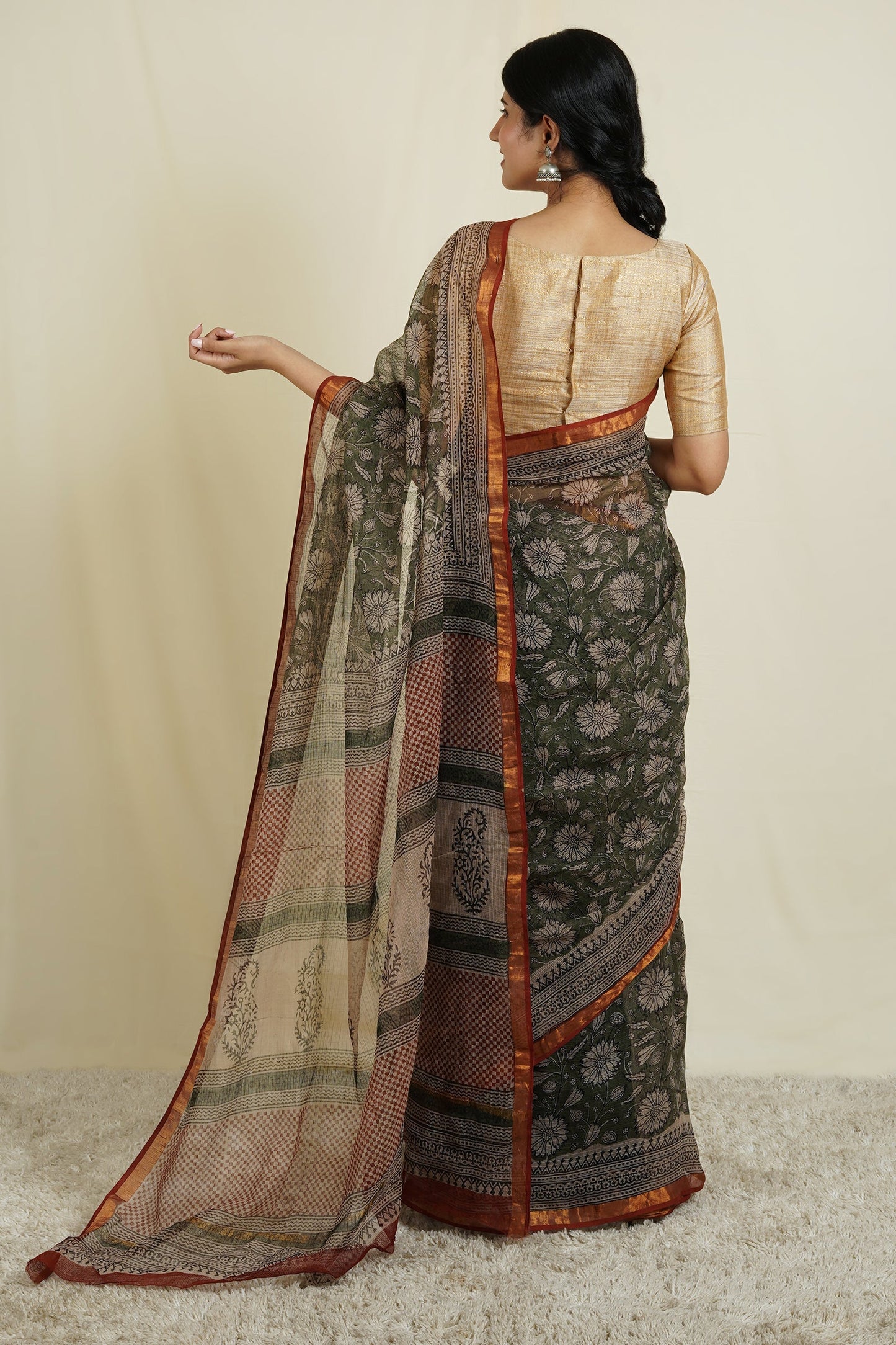 Teejh Bhumi Olive Green Block Print Kota Saree With Blouse Piece