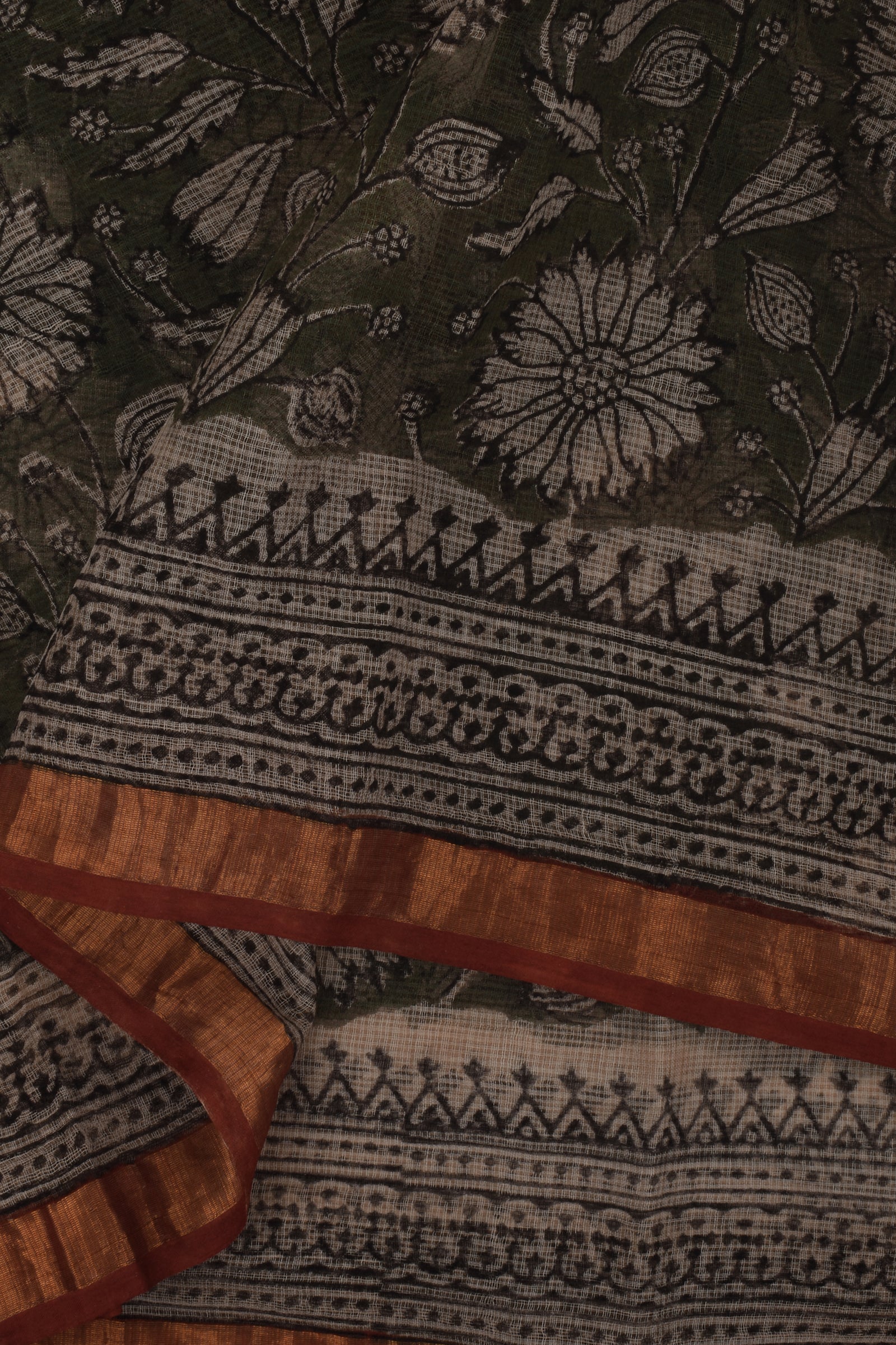 Teejh Bhumi Olive Green Block Print Kota Saree With Blouse Piece