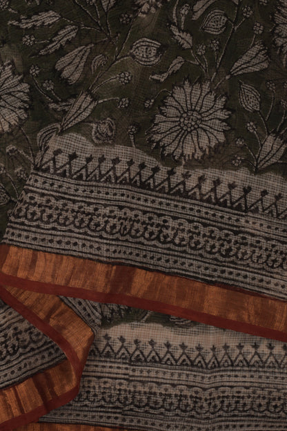 Teejh Bhumi Olive Green Block Print Kota Saree With Blouse Piece