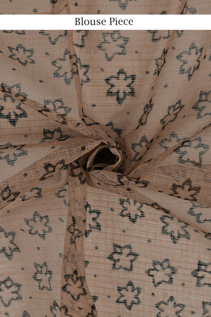 Teejh Bhumi Olive Green Block Print Kota Saree With Blouse Piece
