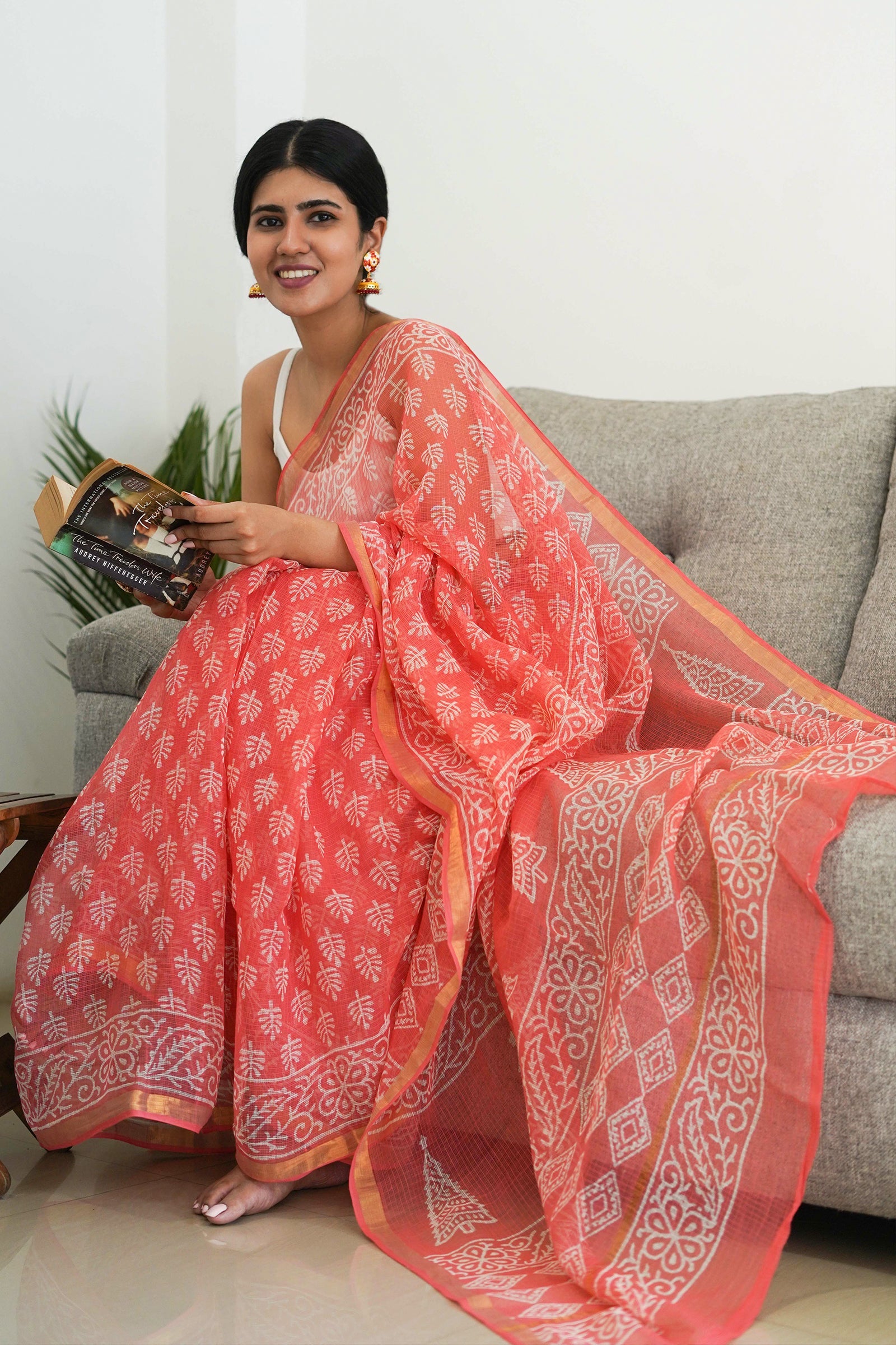 Teejh Warda Peach and White Block Print Kota Saree With Blouse Piece
