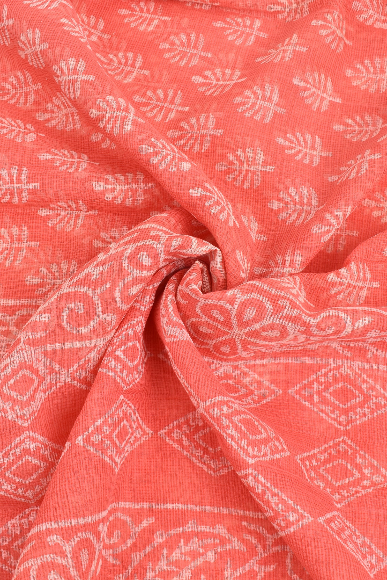 Teejh Warda Peach and White Block Print Kota Saree With Blouse Piece