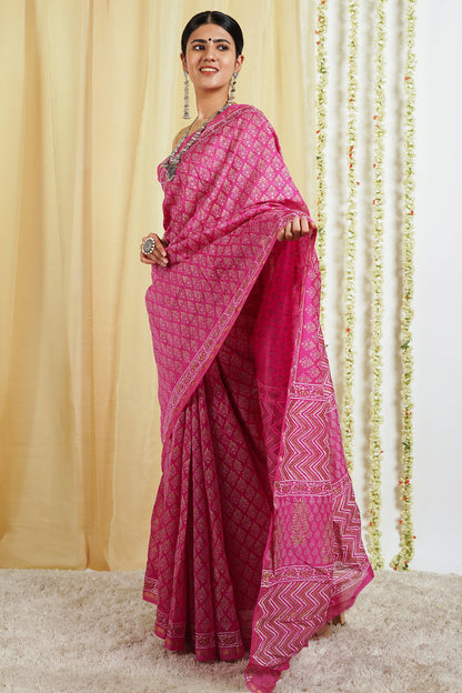 Teejh Tavisa Block Print Chanderi Silk Saree with Blouse Piece