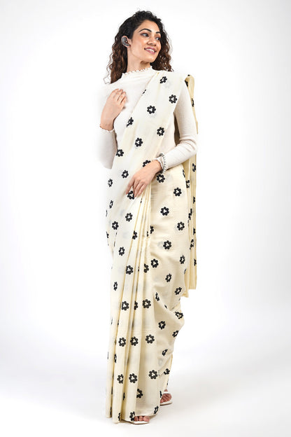 Teejh Arya Black and Cream Cotton Saree with Blouse Piece