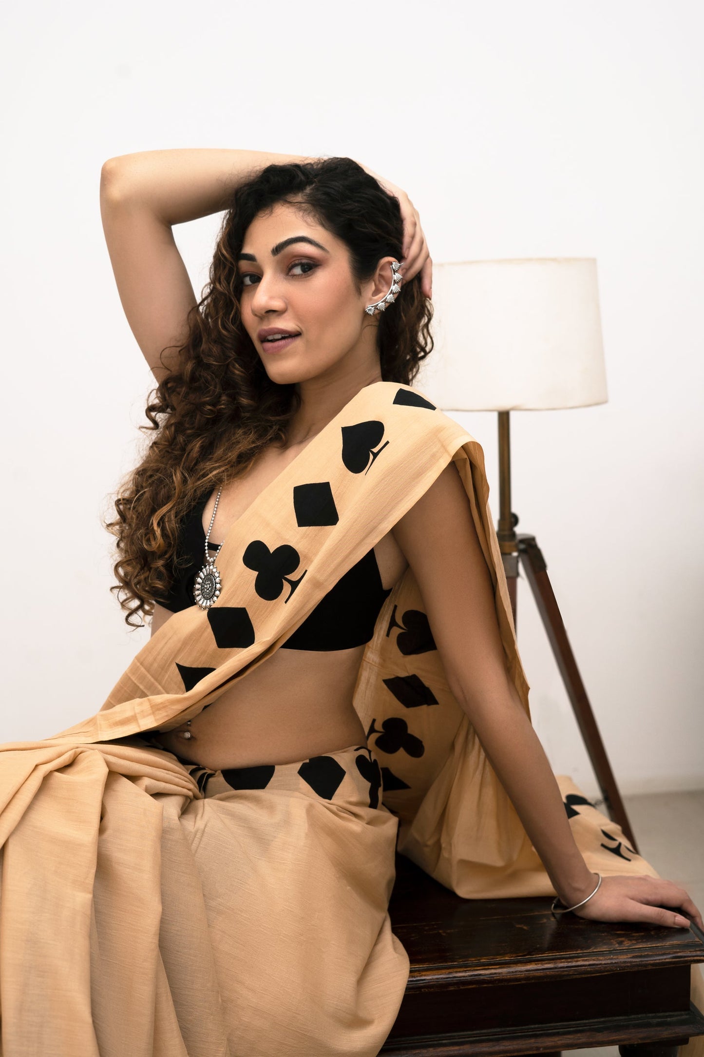 Teejh Mandira Black and Cream Cotton Saree with Blouse Piece