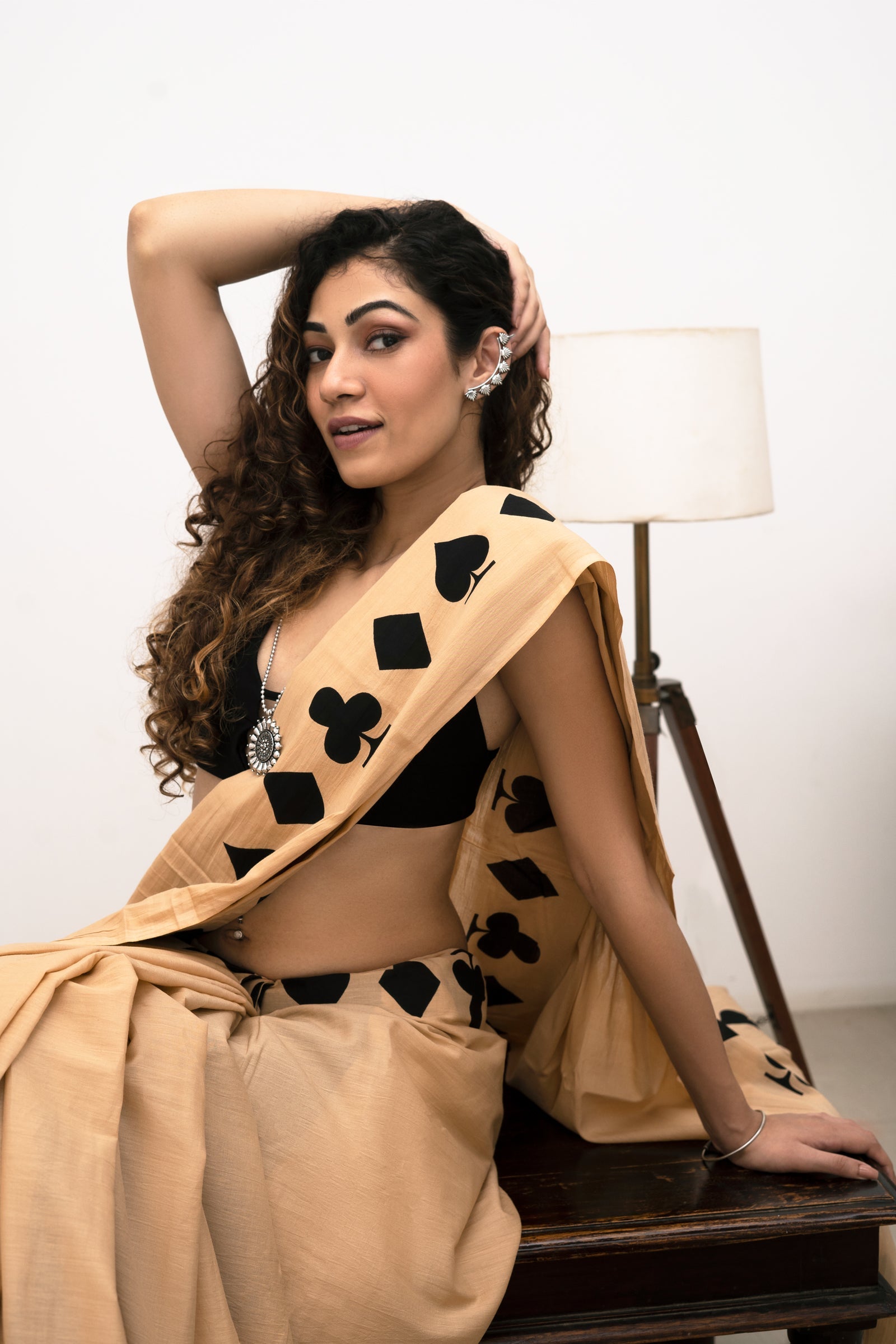Teejh Mandira Black and Cream Cotton Saree with Blouse Piece