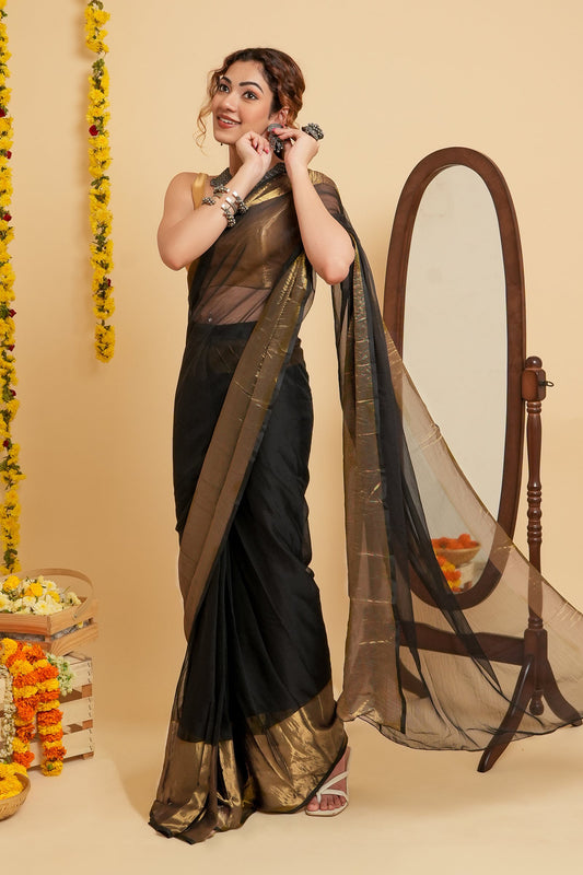 Teejh Sanah Black Chiffon Ready to Drape Saree