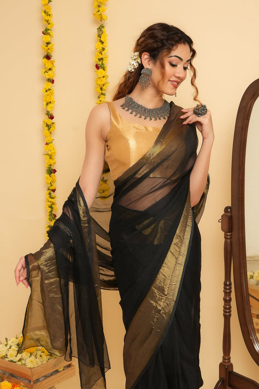 Teejh Sanah Black Chiffon Ready to Drape Saree