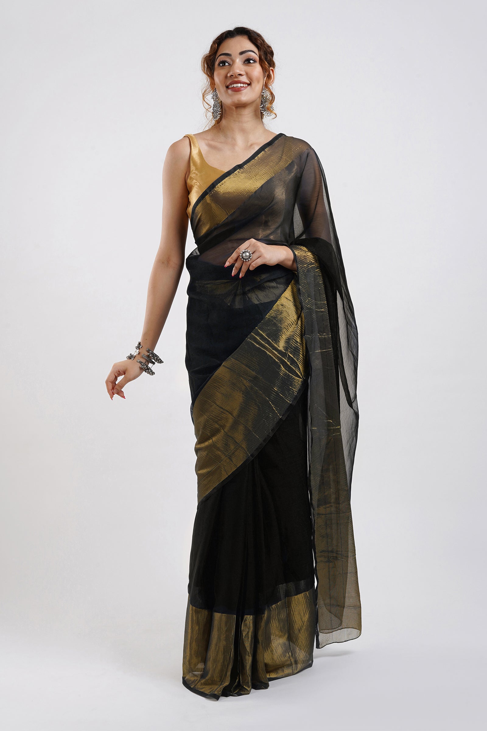 Teejh Sanah Black Chiffon Ready to Drape Saree